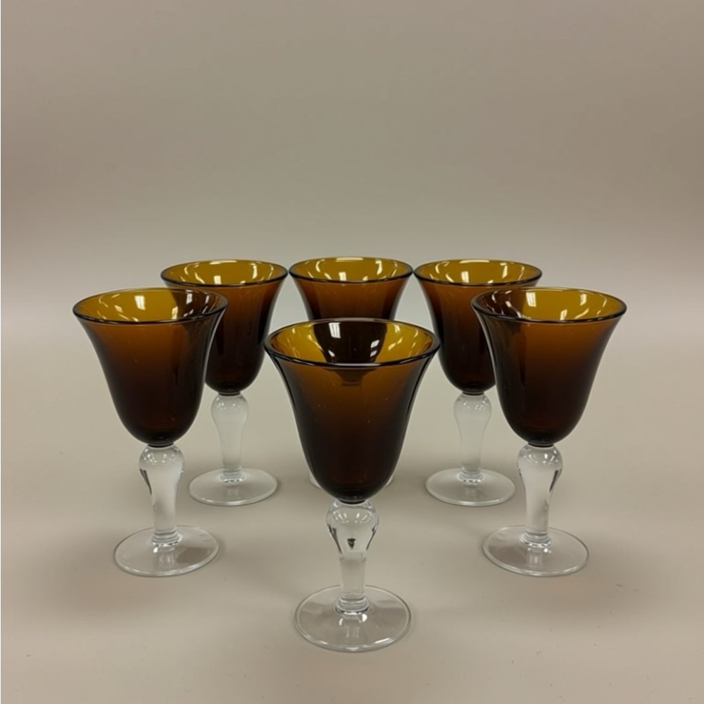 Vintage Hand Blown Amber Wine Goblets Set of 6